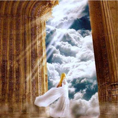 Ilustração de uma mulher chegando no céu